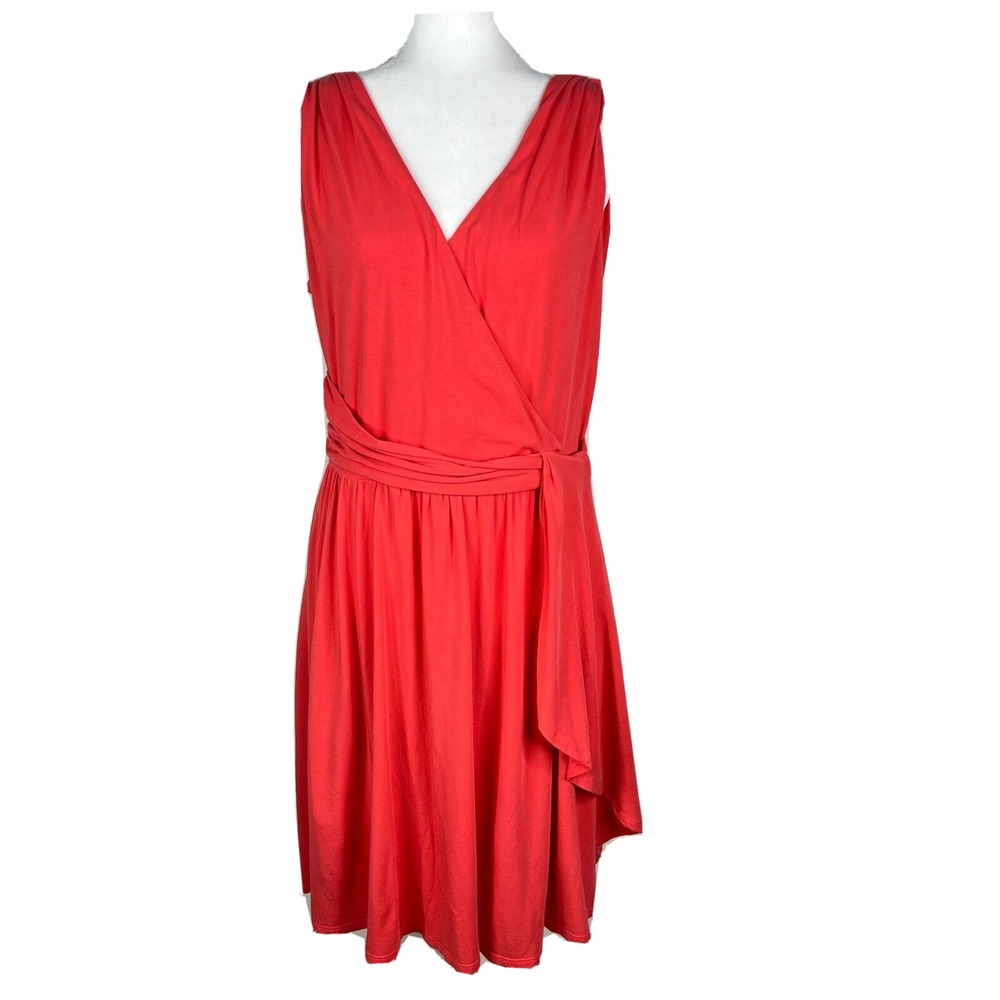 Garnet Hill Faux Wrap Dress Womens Large Red‎ Coral Sleeveless V-Neck Excellent
